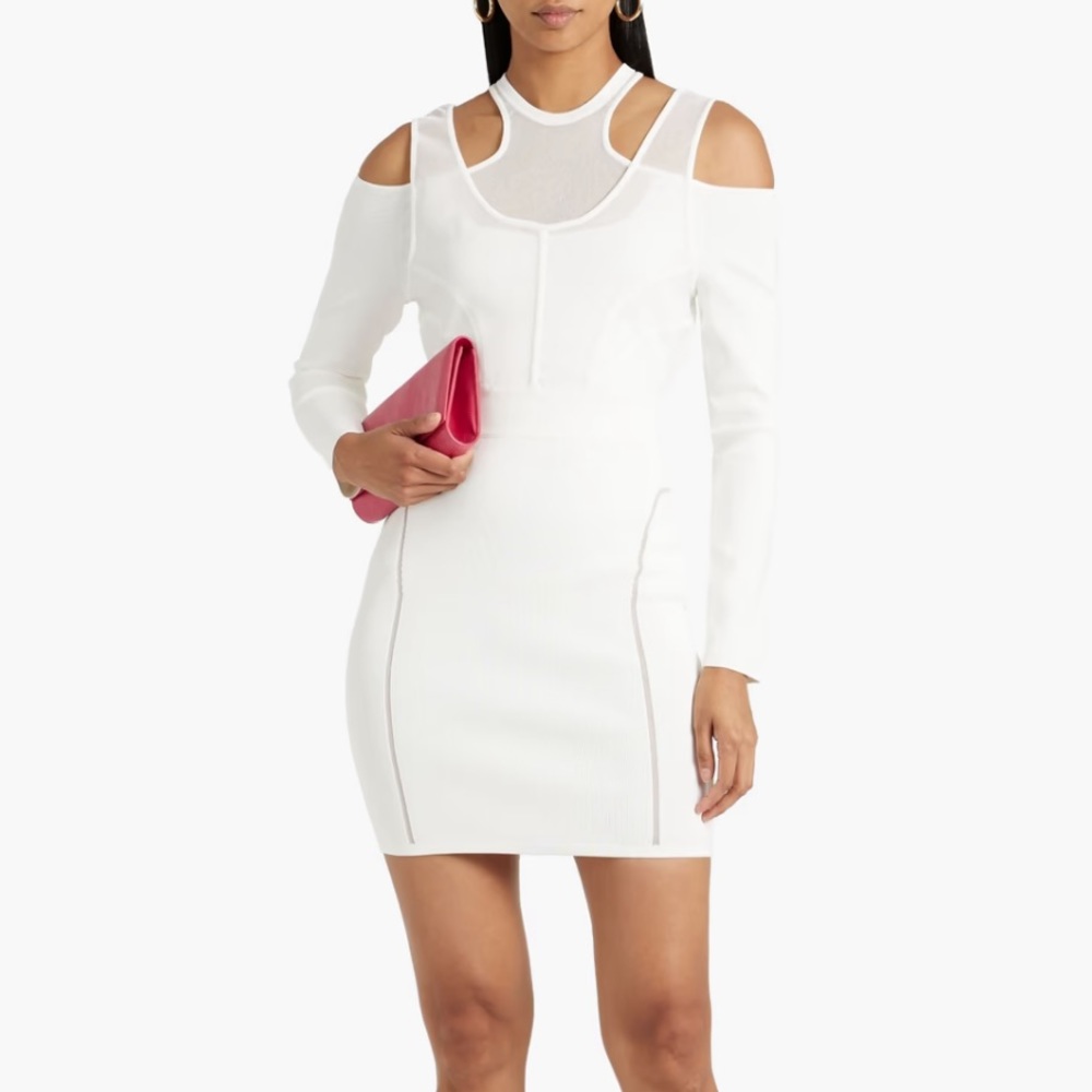 NWT HERVE LEGER X LAW ROACH Cold-shoulder layered stretch-knit mini dress